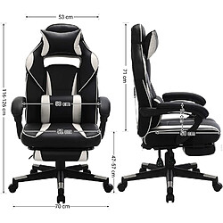 Helloshop26 Fauteuil gamer chaise gaming siège de bureau réglable avec repose-pieds télescopique ergonomique mécanisme basculent appui-tête support lombaire charge 150 kg noir et blanc 12_0000398