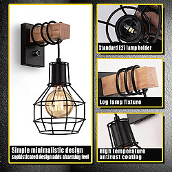 BESTA Applique Murale Intérieur Industrielle, Vintage Abat-jour Cage Dimmable avec interrupteur Luminaire Murale, E27 Métal et Bois Corde, pour Salon, Salle à Manger, Couloir, Noir (sans ampoule)