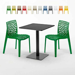 Grand Soleil Table carrée 60x60 noire avec 2 chaises colorées Gruvyer Licorice, Couleur: Vert