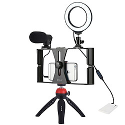 Wewoo Cage de stabilisation 4 in 1 Vlogging Diffusion en direct Smartphone Vidéo Rig + Kits de lumière Selfie avec anneau de 4,7 pouces à LED de 12 cm microphone + support de trépied + Tête de à griffe froide pour iPhoneGalaxyHuaweiXiaomiHTCLGGoogle et autres s