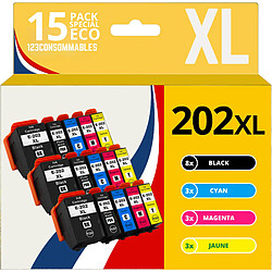 123CONSOMMABLES - 202XL - Pack cartouches d'encre Compatible avec Epson 202 XL 202XL pour imprimante Expression Premium XP6100 XP6005 XP6105 (pack de 15) 