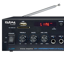 Avis Amplificateur Stéréo HIFI Karma PA-2362BT, 2x 30W, USB SD Bluetooth, RADIO FM, télécommande, 2 entrées microphones