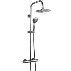 Colonne de douche chrome Pomme de tete plate Mitigeur thermostatique Douchette 3 jets Ensemble colonne de douche chromée avec pomme de tête et douchette 3 jets. Robinet de douche ther...