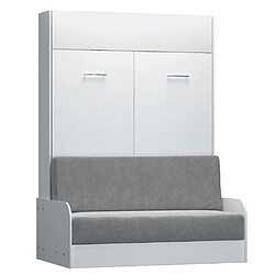 Inside 75 Armoire lit escamotable DYNAMO SOFA canapé accoudoirs blanc mat et microfibre gris couchage 140*200 cm