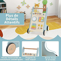 Helloshop26 Chariot de marche en bois avec panneau de jeu marcheur d'apprentissage bébé avec espace de rangement trotteur pour bébé de 10 mois+ bleu 20_0007089