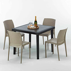 Avis Table Carrée Noire 90x90cm Avec 4 Chaises Colorées Grand Soleil Set Extérieur Bar Café Boheme PASSION, Couleur: Beige