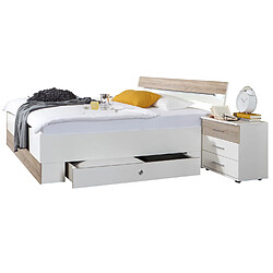 Pegane Lit adulte double 180x200 cm King Size + 2 chevets + 2 tiroirs coloris blanc /imitation chêne - Longueur 189 x Hauteur 96 x Profondeur 210 cm