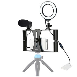 Wewoo Cage de stabilisation 3 in 1 Vlogging Diffusion en direct Smartphone Rig vidéo + Microphone + Kits de lumière Selfie de 4,7 pouces à anneau de 12 cm avec trépied de sabot froid pour iPhoneGalaxyHuaweiXiaomiHTCLGGoogle et autres téléphones intelligents ble 