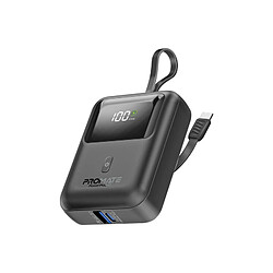 Promate Powerpod-10 Power Bank avec câble USB-C intégré, 10000 mAh, 30W, 1x USB-C, 1x USB-A, câble USB-C, noir 