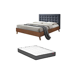 Acheter Vente-Unique Lit 140 x 190 cm avec tête de lit capitonnée - Tissu - Gris + Matelas - FRANCESCO