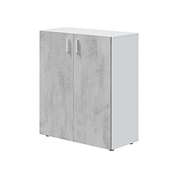 Pegane Armoire basse à 2 portes meuble de rangement blanc mat et gris ciment - Hauteur 92 x Longueur 80 cm x Profondeur 37 cm