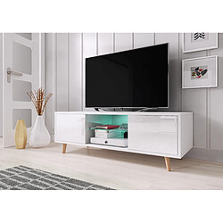 VIVALDI Meuble TV - SWEDEN - 140 cm - blanc mat / blanc brillant - avec LED - style scandinave 