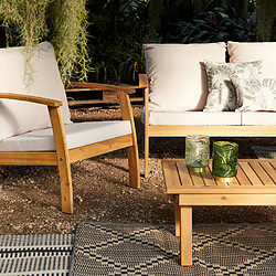 Acheter Salon de jardin en bois 4 places - Coussins écrus, canapé, fauteuils et table basse en acacia, design | sweeek