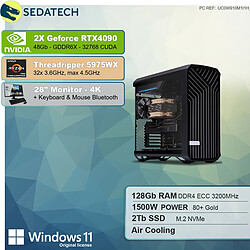 Sedatech Pack Workstation • AMD Threadripper 5975WX • 2x RTX4090 • 128Go RAM • 2To SSD M.2 • Windows 11 Pro • Moniteur 28" Pack PC Professionnel • AMD Threadripper 5975WX 32x 3.6Ghz • 2x Geforce RTX4090 • 128Go RAM • 2To SSD M.2 • Wifi • Bluetooth, USB C • Windows 11 Pro • Unité centrale • Moniteur 28" + Clavier/Souris