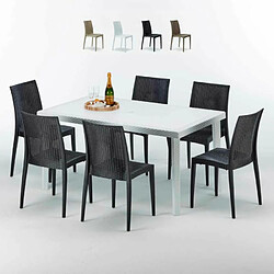 Table Rectangulaire Blanche 150x90cm Avec 6 Chaises Colorées Grand Soleil Set Extérieur Bar Café Bistrot Summerlife, Couleur: Noir