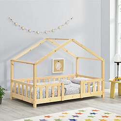 Lit d'Enfant Forme Maison avec Grille de Protection Treviolo 160 x 80 cm Bois Naturel [en.casa] 