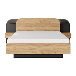 Vente-Unique Lit avec chevets 160 x 200 cm - Avec LEDs - Coloris : Naturel et noir + Sommier + Matelas - JUVISIA pas cher