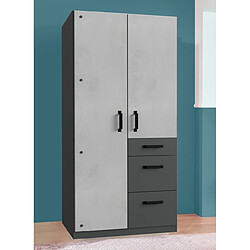 Pegane Armoire placard meuble de rangement 2 portes coloris imitation béton clair/graphite - Longueur 91 x Hauteur 199 x Profondeur 58 cm