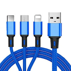 iLike CCI02BE Fil Tressé Durable USB 3en1 Ensemble de Câbles USB vers Micro USB / Lightning / Type-C 1m Bleu