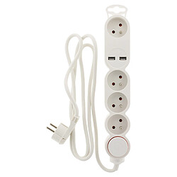 Bloc Home 4 prises 16A 2P+T + 2x USB 2,1A avec interrupteur et fiche extraplate - Blanc - câble HO5VV-F 3G1 1,5m - Zenitech