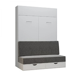 Inside 75 Armoire lit escamotable DYNAMO SOFA canapé tiroirs blanc mat et microfibre gris couchage 160*200 