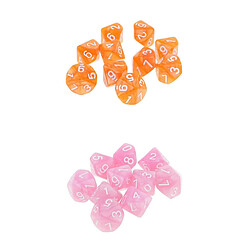 20pcs Dés Numérique Polyédrique en Acrylique 10 Faces D & D Dice D10, Jeu de Dés, 16mm, Rose et Orange