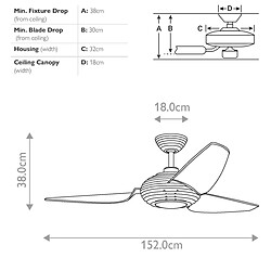 Elstead Lighting Ventilateur de plafond 152 cm avec lumière LED variable 3000 K, acier inoxydable brossé, télécommande