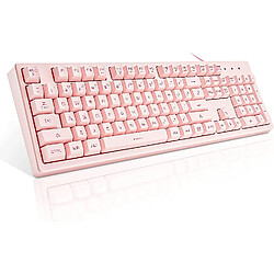 Clavier rose avec rétroéclairage LED 7 couleurs, 104 touches silencieuses et silencieuses, 19 touches anti-fantômes clavier de jeu bon marché sensation mécanique étanche filaire USB pour ordinateur, Mac, ordinateur portable 