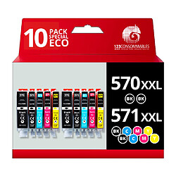 123CONSOMMABLES - 570 571XL - Pack 10 Cartouche d'encre Compatibles avec Canon 570 571 pour Canon PIXMA TS5055 TS5050 MG5750 TS5053 MG6852 MG6850 MG5700 MG5752 MG5753 (4 Noir / 2 Cyan / 2 Magenta / 2 Jaune)