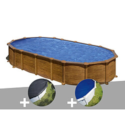 Kit piscine acier aspect bois Gré Pacific ovale 7,44 x 3,99 x 1,22 m + Bâche d'hivernage + Bâche à bulles