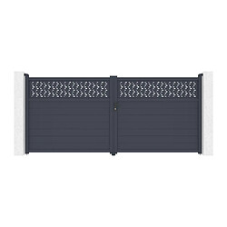 Avis Vente-Unique Portail battant aluminium semi plein à motifs L397 x H181 cm anthracite - BAZIO