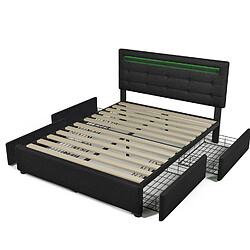 Sweiko Lit rembourré tête de lit réglable en hauteur, sommier à lattes en bois Lit simple 140x200cm avec éclairage LED et 4 tiroirs Noir (sans matelas)