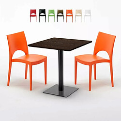 Grand Soleil Table carrée 70x70 plateau effet bois avec 2 chaises colorées Paris Melon - Orange 