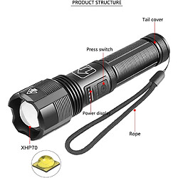 BESTA Lampe Torche LED Ultra Puissante 6000 Lumens, XHP70.2 Lampe Torche Rechargeable Lampe de Poche Étanche avec Affichage de Puissance 5 Modes Zoomable pour Camping Randonnée Pêche de Nuit