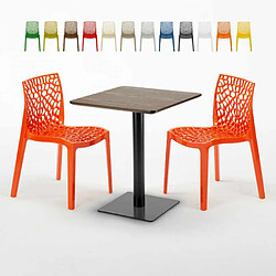 Grand Soleil Table carrée 60x60 pied noir et surface bois avec 2 chaises colorées Gruvyer Kiss, Couleur: Orange