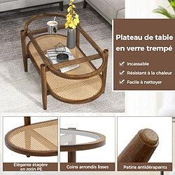 Helloshop26 Table basse ovale en verre trempé avec cadre en bois d'acacia table de salon 2 niveaux avec étagère ouverte en rotin pe marron 20_0009334