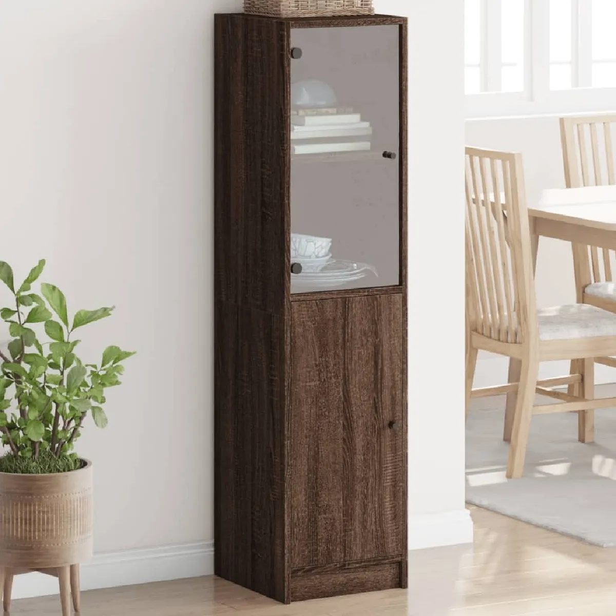 Maison Chic Commode Buffet - Meuble de rangement avec porte en verre chêne marron 35x37x142 cm -GKD90273