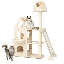 Helloshop26 Arbre à chat en bois massif 162 cm tour de chat multicouche balle et poteaux rotatifs à gratter rampe de sisal beige 20_0005504 