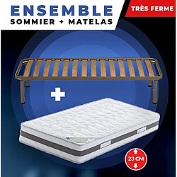 King Of Dreams Matelas 90x190 + Sommier + pieds Offerts 70x190 Mémoire de Forme - 23 cm - Très Ferme