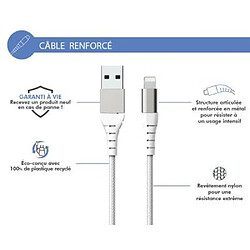 BIGBEN Câble Renforcé USB A/Lightning 1,2m 2.4A Garanti à vie Blanc - 100% Plastique recyclé Force Power Lite