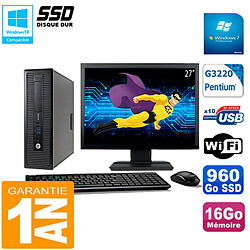 PC HP EliteDesk 800 G1 SFF Ecran 27" Intel G3220 16Go Disque 960 Go SSD Wifi W7 - Occasion