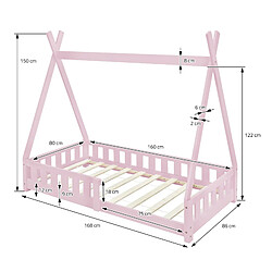 ML-Design Lit d'enfant tipi rose avec sommier à lattes en bois maison indien 160x80 cm pas cher