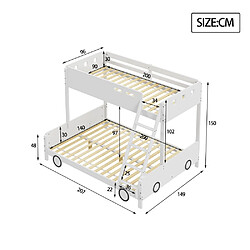 Avis KOMHTOM Lit d'enfant, lit supérieur 90 * 200cm, lit inférieur 140 * 200cm, lit superposé, cadre en bois massif, forme de voiture, blanc.