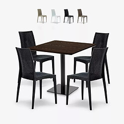 Grand Soleil Ensemble Table Bois 90x90cm Horeca et 4 Chaises Empilables Poly RotinBar Restaurant Café Barrett - Noir