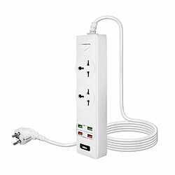 Multiprise 2 prises + 4 ports USB 2,4A Câble 2m Antistatique Inkax Blanc 