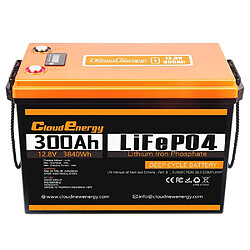 Cloudenergy Batterie LiFePO4 12 V 300 Ah Alimentation de secours, 3840 Wh d'énergie, 6000+ cycles, BMS 200 A intégré