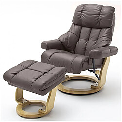 Inside 75 Fauteuil relax CLAIRAC XL assise en cuir marron pied en bois naturel avec repose pied 