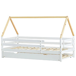 Sweiko Lit de cabane Lit simple Lit d'enfant Lit escamotable Lit coulissant avec roulettes en bas Lit blanc Poutrelle naturelle (200x90cm) 