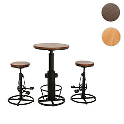 Mendler Set table de bar + 2x tabourets de bar HWC-N20, chaise de bar table haute réglable en hauteur pivotante repose-pieds industrielle en bois ~ brun