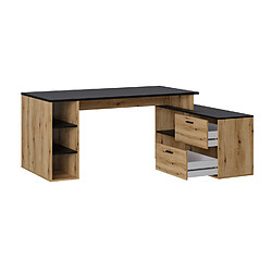 Pegane Bureau d'angle en mélamine coloris imitation chêne rustique / noir - Longueur 183 x profondeur 141 x Hauteur 75 cm 